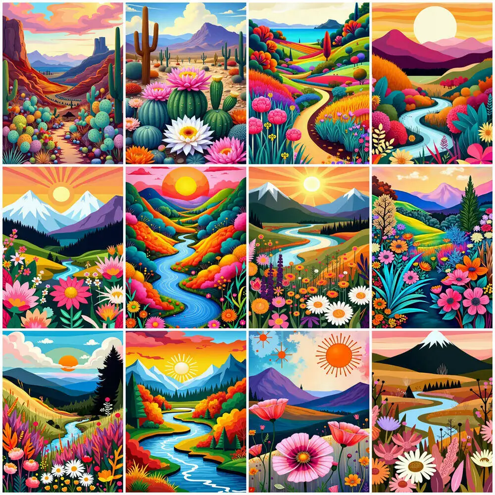 لوحة زيتية بالأرقام منظر طبيعي جبلي DIY لوحة رقمية لشجرة المنزل مشهد صورة فنية على قماش هدية مرسومة يدويًا #1