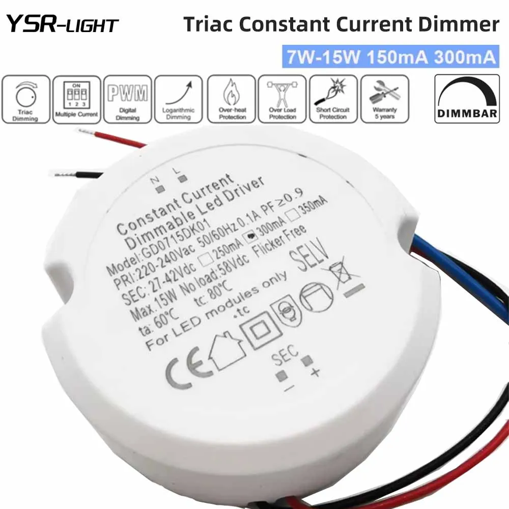 Circular LED Triac Dimming Driver 27-42V Output 7-15W 150mA-450mA Triac Dimmable LED Driver Ceiling Downlight No Flicker Power