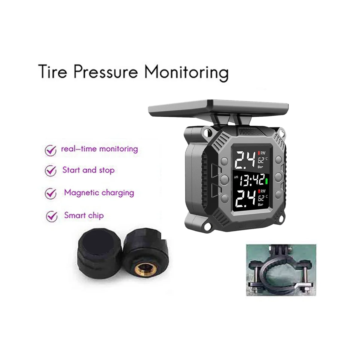 Wireless Motorcycle TPMS Tire Pressure Monitoring System Solar External Sensor Temperature Monitor Water Proof C Style