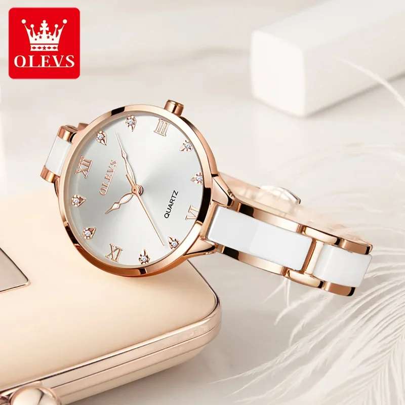 OLEVS 5872 Ceramic Dress Women Watch Luxury Rose Gold Ladies Wristwatch Gifts Japan Imports Quartz Movement Watches Relogio Femi