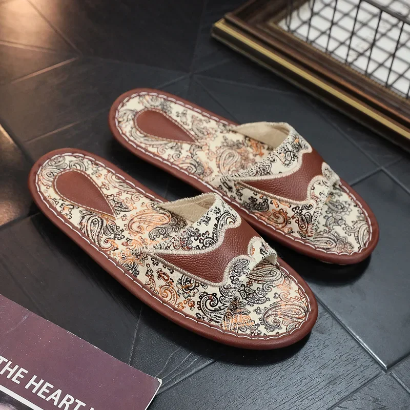 Genuine Leather Women Sandals Fashion Embroidery Home Floor Slides Men Spring Summer Soft Sole Outdoor Slippers Couple Shoes