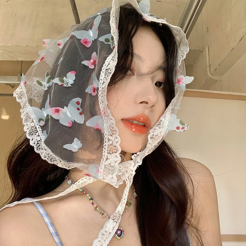 New French Bow Headband Headscarf Butterfly Lace Triangle Scarf Sun Shade Hairband Lady Girls Wrist Silk Scarf Hair Accessories