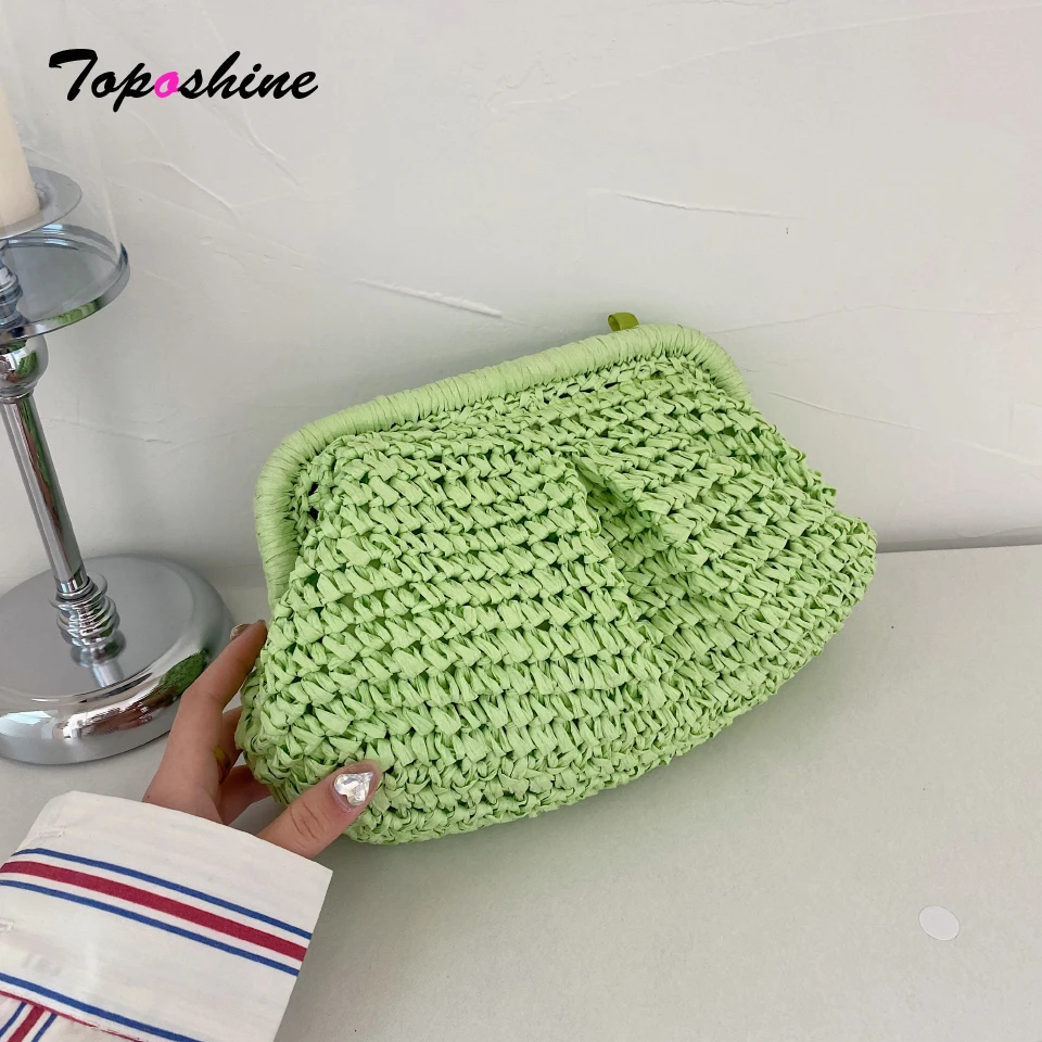 Bolso de Mano Tipo Clutch de Paja Verde Toposhine para Mujer, Bolso de Hombro con Cadena Metálica Larga, Bolso Cruzado de Playa Tejido a Mano, Bolso Tote para Mujer, para Vacaciones