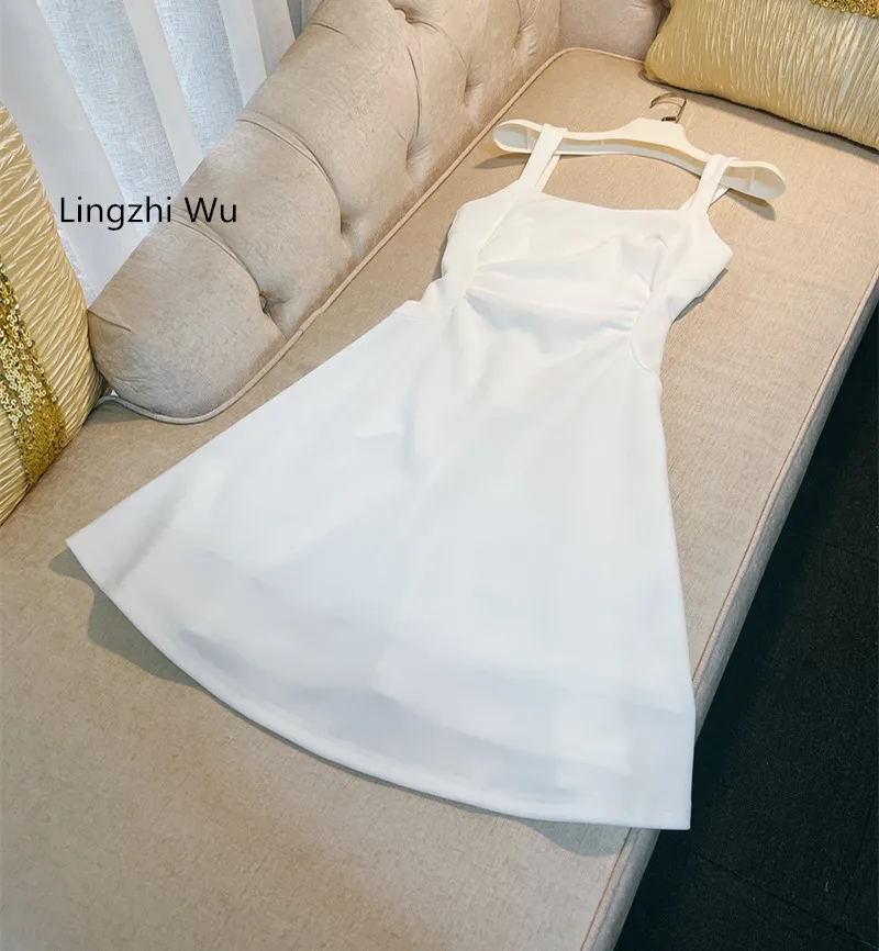 Lingzhi Wu Elegant White Dress for Women, Spaghetti Strap, Square Collar, Slim Waist Registering Dresses, Formal Short