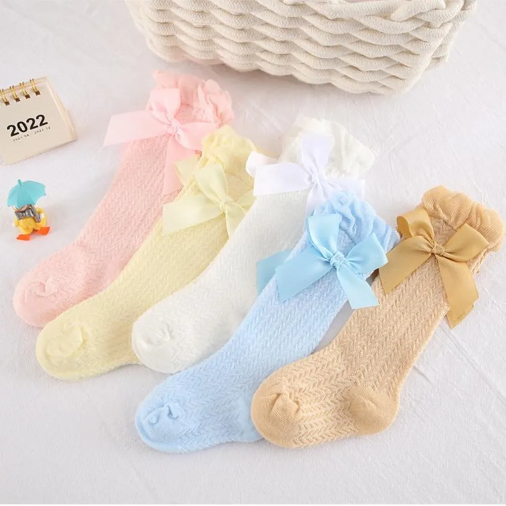 

New baby girls sock knee high mesh hollowed-out bow mid-tube stockings toddler Long socks sweet kids spring summer infant