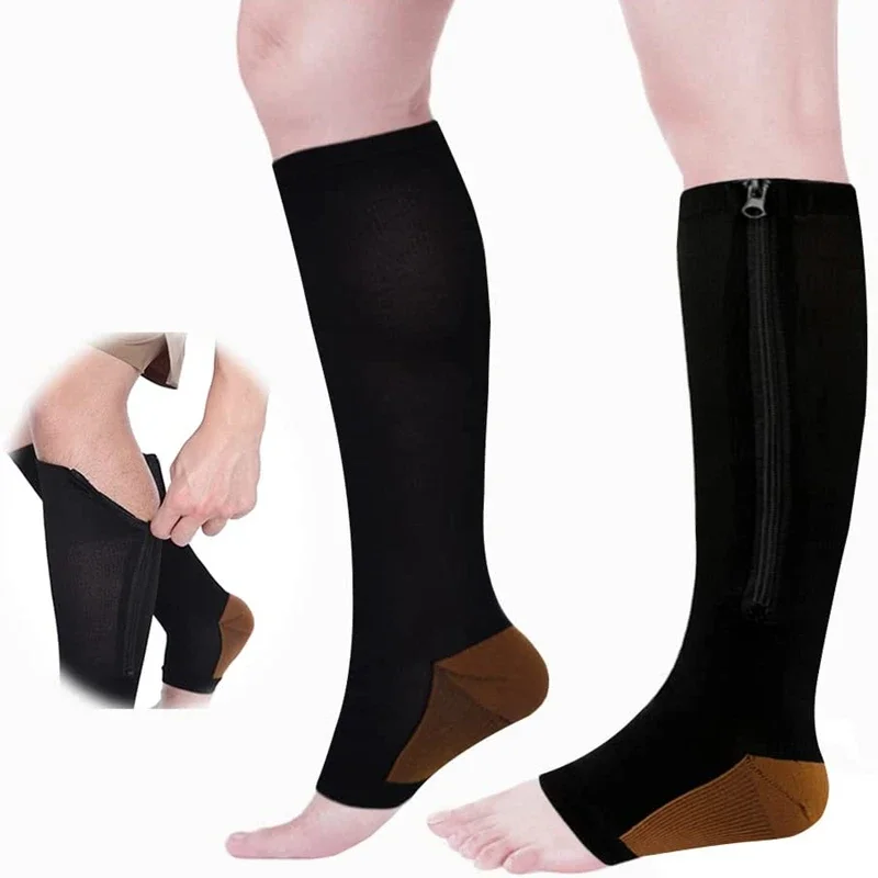 1 Pair Men Women Zipper Calf Compression Socks Knee High Open Toe Support Graduated Medical Varicose Veins Hosiery Health Care