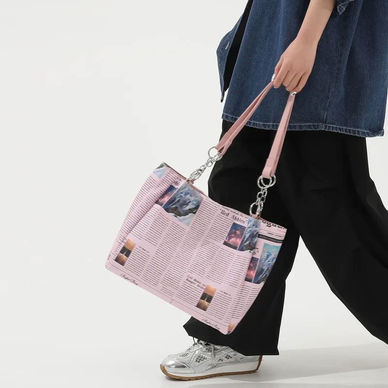 Fashion Women Newspaper Letter Printing PU Leather Shoulder Underarm Bag Casual Ladies Big Purse Buckle Handbag Messenger Bags