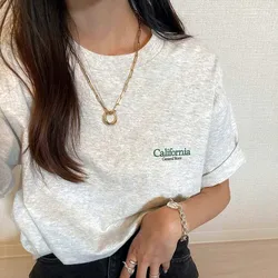 California General Store Pocket Letters Printing Women T Shirts Summer Light Gray Kpop Loose Cotton Tops Short Sleeve Y2K Tees