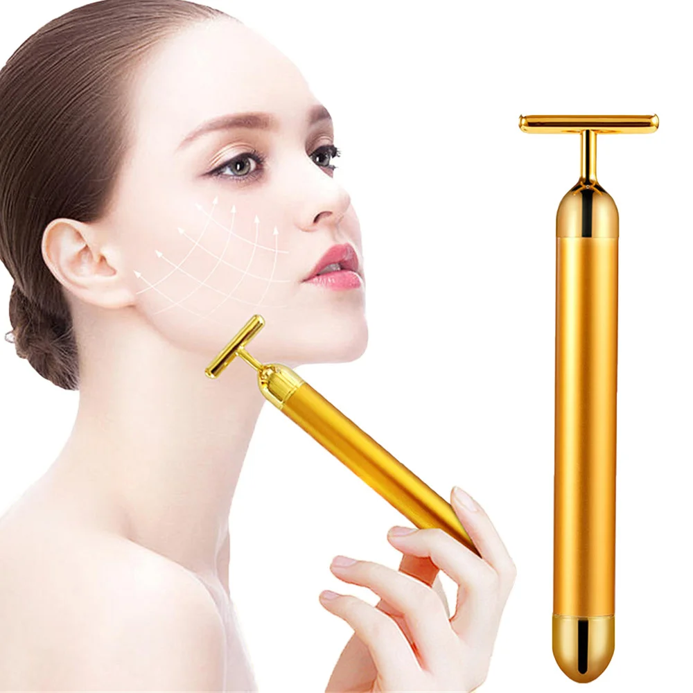 T-Shaped Thin Face Stick 24k Golden Facial Lifting Massager Roller Vibrating Body Skin Tighten Anti-Wrinkle Face-Lift Device