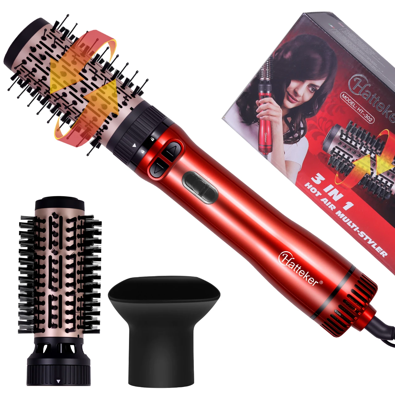 Hatteker EU 3-Kopf Heißluftbürste Haartrockner mit starkem Luftstrom, elektrischer Glätter, Lockenwickler, Roller, Kamm, Föhn, Styling-Tool für Frauen – Detail 2