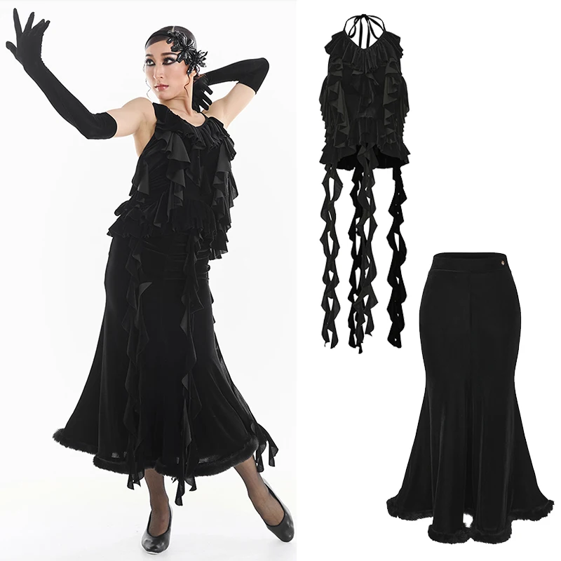 

2025 New DUYQ Adults Hanging Neck Top Skirt Women Ballroom Dance Performance Costumes Modern Waltz Dance Practice Dress DN22556