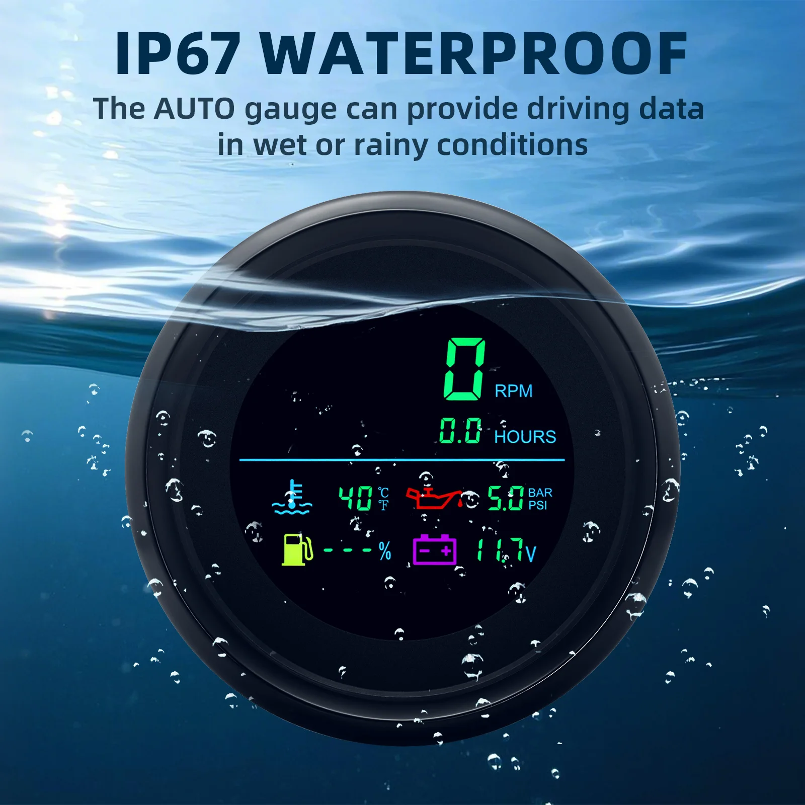 HD Multi-Function 12V24V LCD Tachometer+Fuel Level+Oil Pressure+Water Temp+Voltmeter+85MM  6 In 1 GAUGE Waterproof IP67 Custom