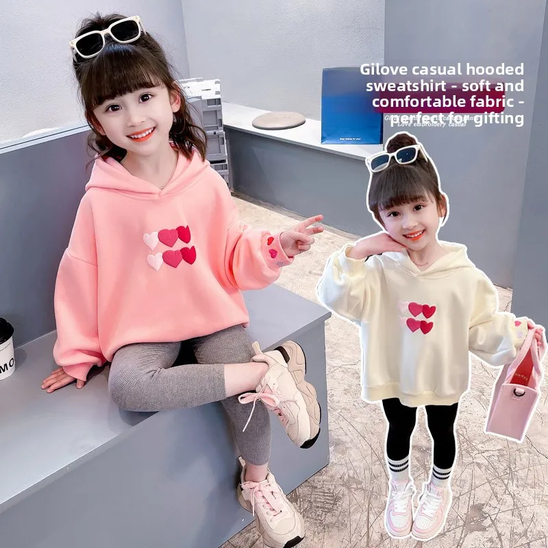 2026 Spring and autumn children's hoodie girls solid color full print love pullover long sleeve casual comfortable lovely shirt