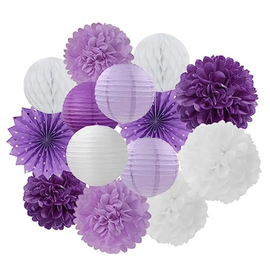 

Purple-White Lavender Party Decorations Streamers - 14pcs Women Girl Birthday Paper Lanterns Fan, Tissue Pom Poms, Baby Bridal