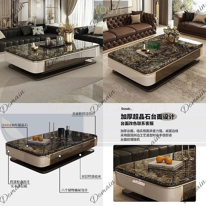 YT Luxury Marble Coffee Table for Living Room, Extra Long 1.8m Double Layer Super Fine Stone Center Table for Large Apartment