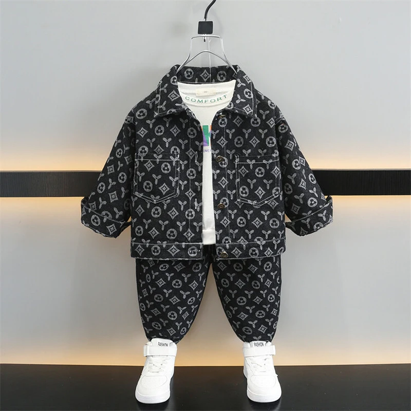 IYEAL New Boys' Denim Jacquard Suit Fashion Boys' Autumn Set  Childrens Denim Jacket + Trousers 2Pcs/set Kids Outfits