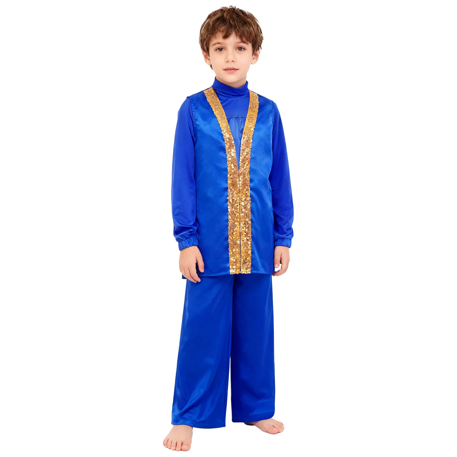 

3Pcs Kids Boys Girls Liturgical Praise Dance Outfits Long Sleeve Zipper Satin Top+Sides Split Sequin Satin Robe+Wide-Leg Pants