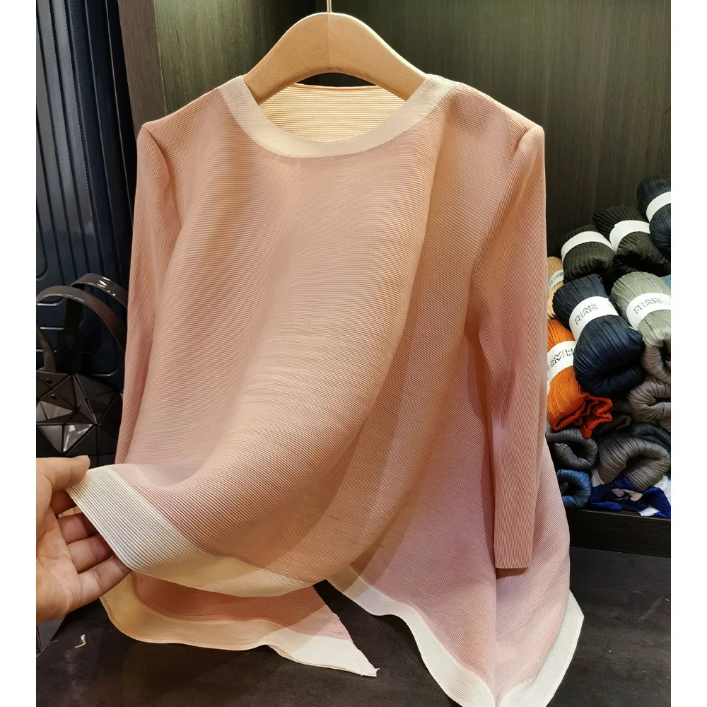 Miyake plissé été nouveau Style couleur bloc col rond trois-quarts manches ample haut plissé polyvalent T-Shirt pour les femmes