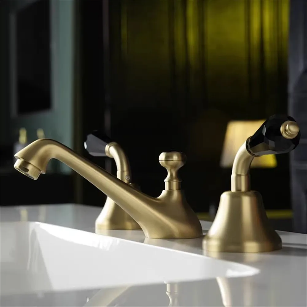 

Brushed Gold Bathroom Faucet Crysta Basin Sink Faucet Mixer Tap Widespread Black Wash basin Faucet 3 Hole Chrome Lavotory Faucet