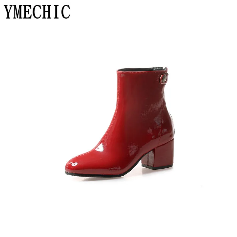 YMECHIC 2023 Autumn Winter Pu Patent Leather Ankle Short Womens Boots Black Red Beige Plus Size Block High Heels Ladies Shoes