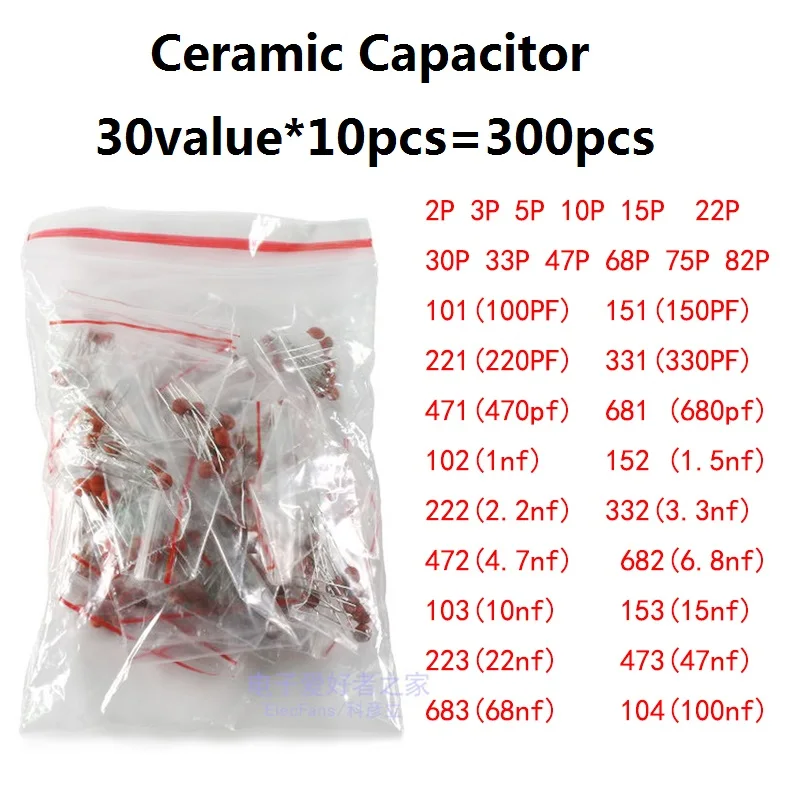 Kit de condensadores cerámicos 30 valores * 10 piezas = 300 piezas 3.3nF(332) 4.7nF(472) 6.8nF(682) 10nF(103) 15nF(153) 22nF(223) 47nF(473) 100nF(104)