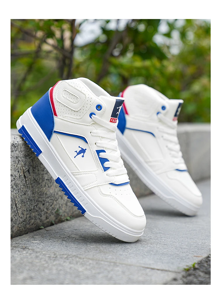 Klassische weiße High-Top-Sneaker für Herren, atmungsaktive Streetwear-Schuhe mit blauen und roten Akzenten – Detail 9