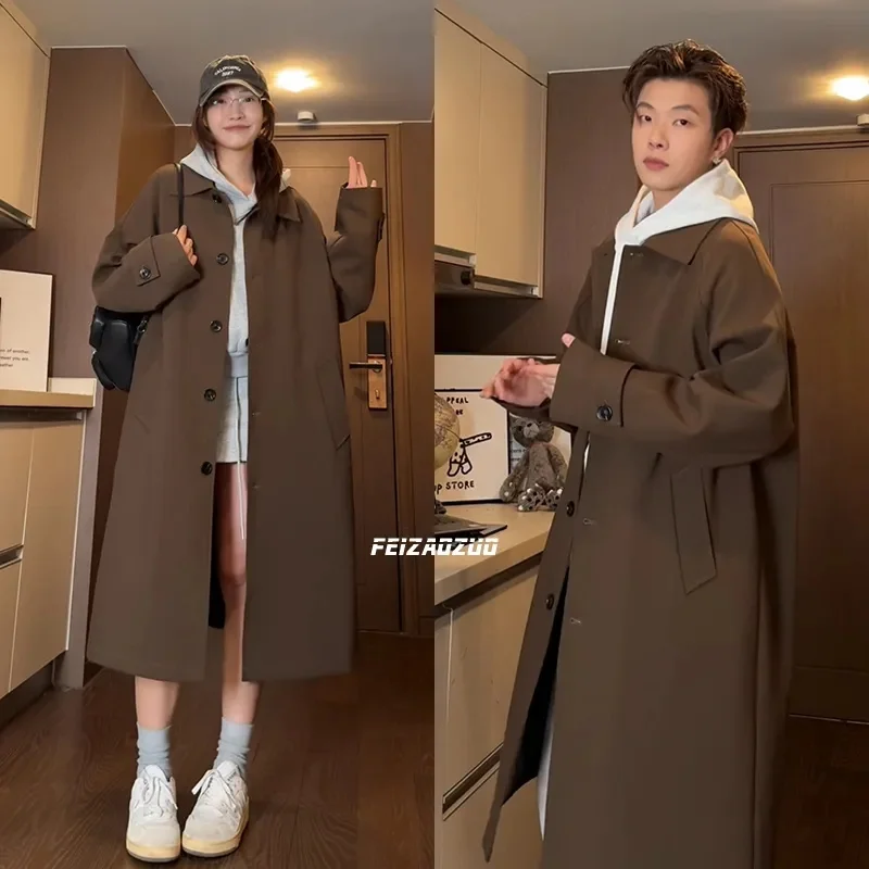 Coffee Colored Trench Coat Long Over the Knee Single Breasted Jacket Spring Autumn Korean Version Trendy Mid Long Couple Coat KR