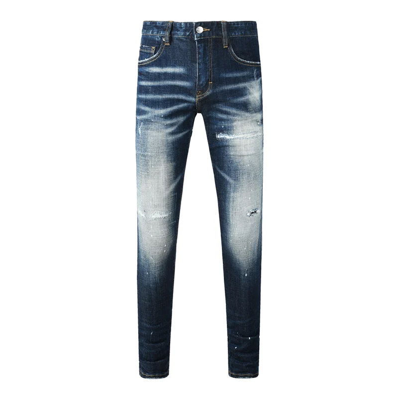 Dark Blue Men Heavy Washed Faded Skinny Jeans Distressed Stretch Slim Denim Casual PantsHombre