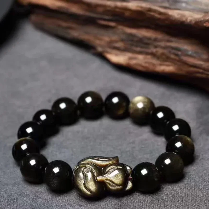 

Natural Stone Jewelry Black Gold Obsidian Fox Men Bracelet Trendy Animal Foxhound Beaded Bracelets Women Powerful Stretch Bangle