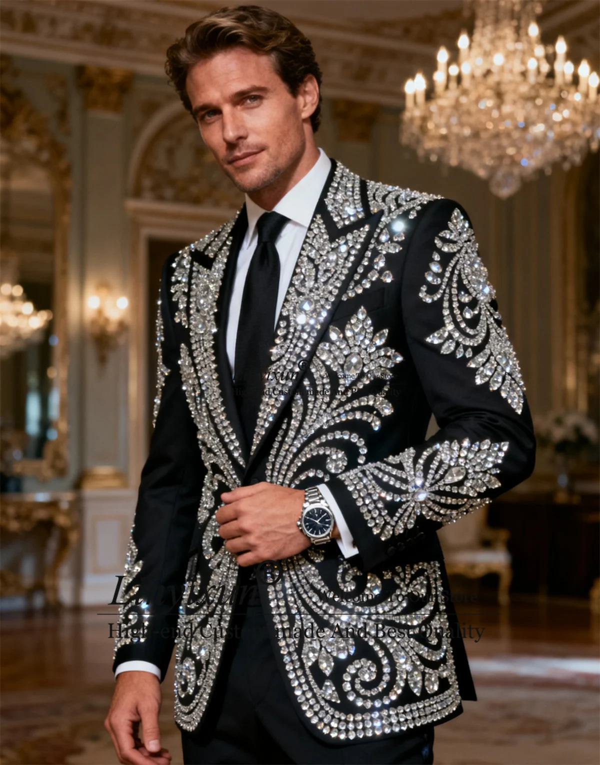 

Sparkly Metal Embellished Tuxedos Men Suits 2 Pieces Sets Male Party Prom Blazers Customized Slim Fit Wedding Groom Ropa Hombre