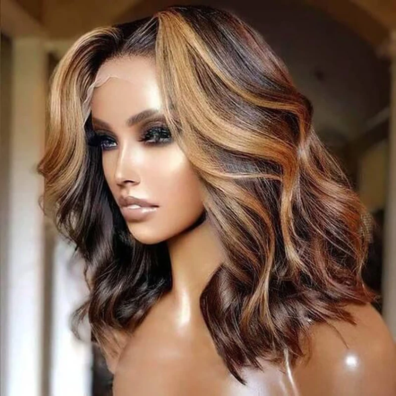 

Honey Brown Body Wave Short Bob Wigs Human Hair Ombre 4/27 Lace Front Human Hair Wig 200% Density Colored Highlight 13x4 Bob Wig