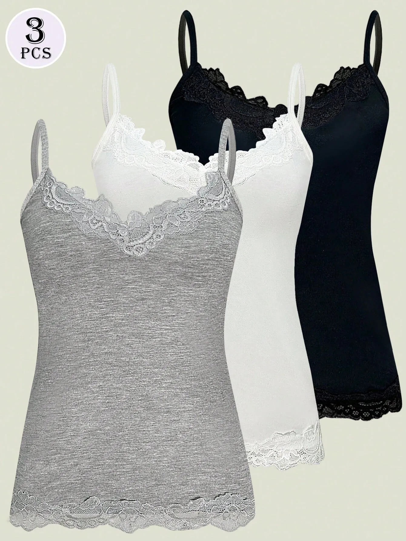 3 Pack Multi-color Women Lace Trim V Neck Spaghetti Strap Slim Fit Long Cami Top 2026 Summer Basic Casual Solid Color Sleeveless