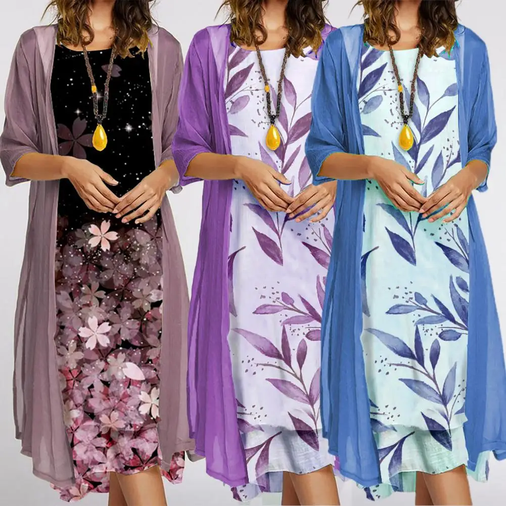 1 Set Office Lady Cardigan Dress  Stylish Temperament Round Neck Dress Set  Summer Coat Dress