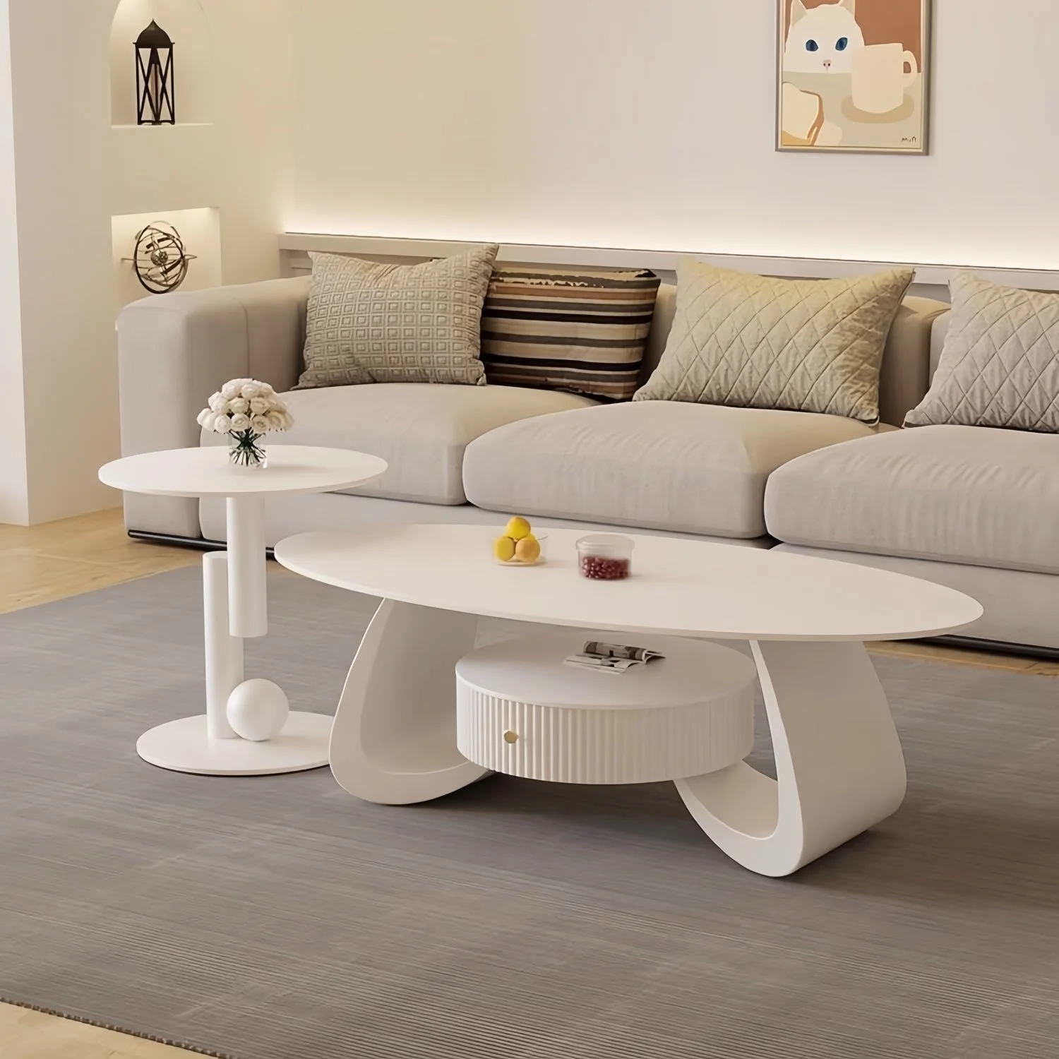 Cream Style Marble Top Metal Frame Oval Coffee Table for Living Room Small Apartment Simple Modern Living Room Furniture