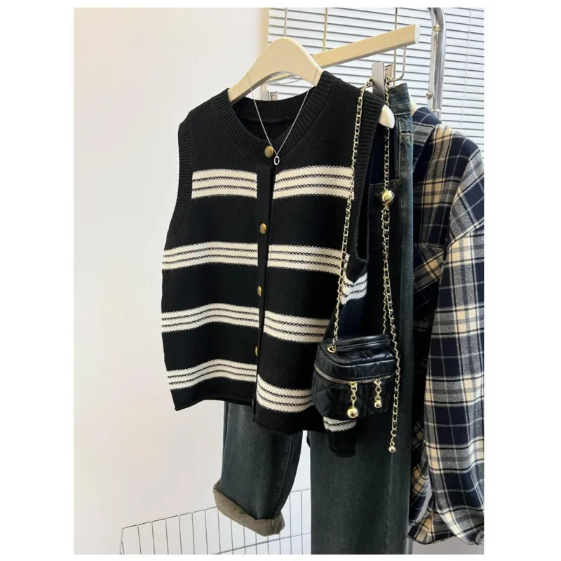 Chaleco de punto a rayas para mujer, suéter, chaleco, jersey de contraste con botones, Top sin mangas