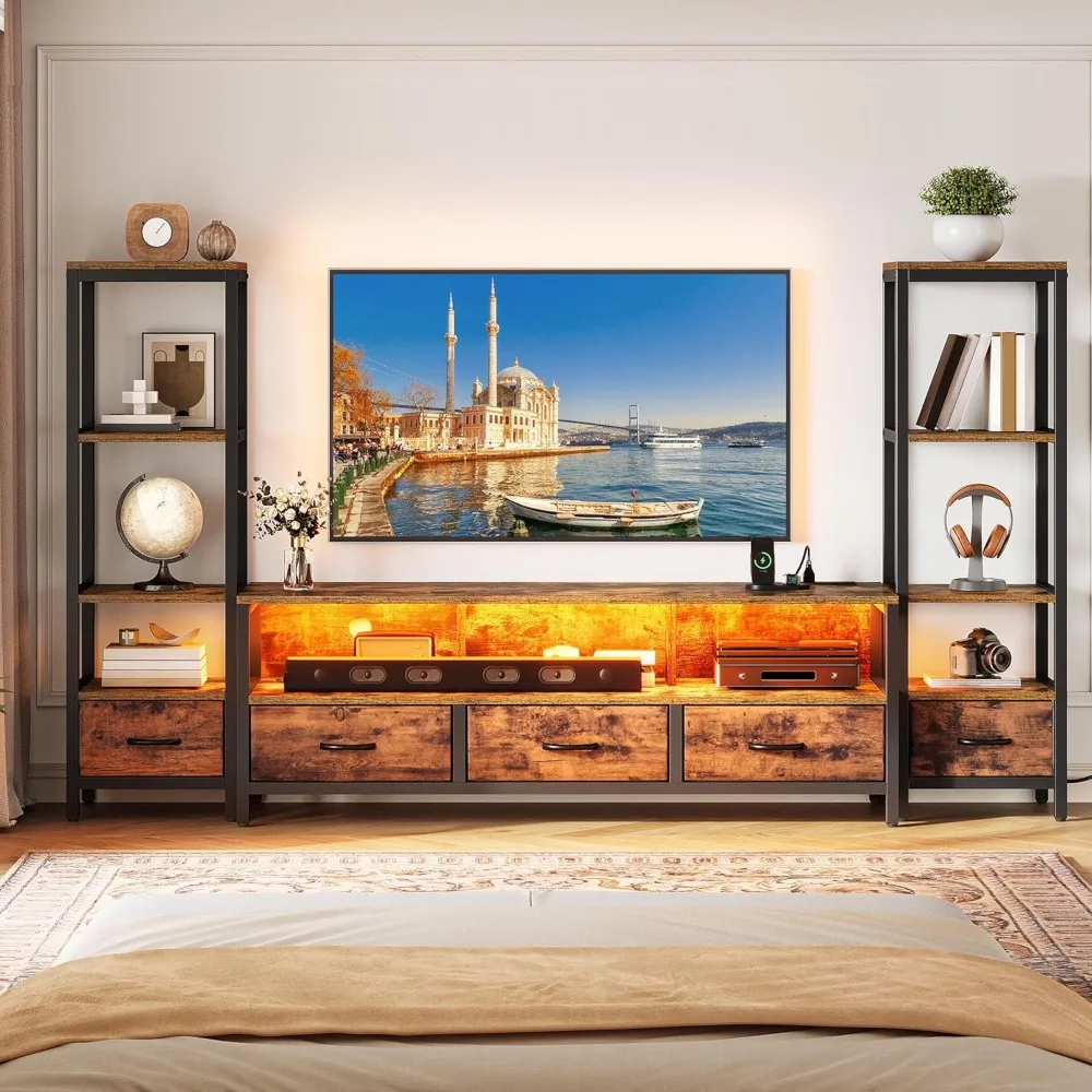 

TV Stands for 65 inch TV Entertainment Center with 2 Industrial 4-Tier Bookshelves, LED TV Stands for Living Room, Mode