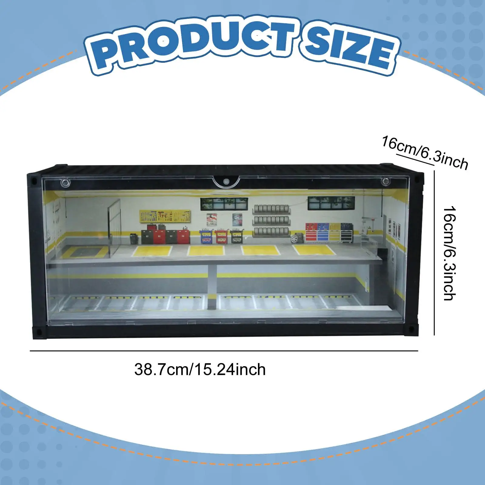

1:64 Scale Model Car Display Case Built in LED Realistic Repair Shop Scene for Sports Cars Figure Mini Dolls Collection