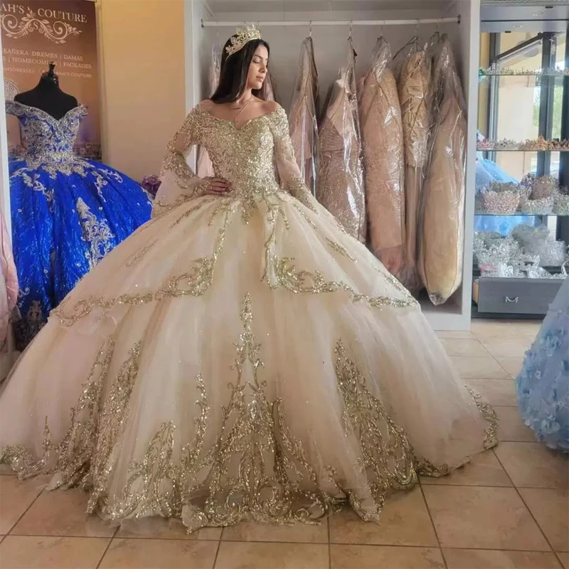 فستان فاخر Quinceanera الشمبانيا ، الدانتيل زين ، ثوب الكرة الكريستال ، فستان حفلة الأميرة الحلو