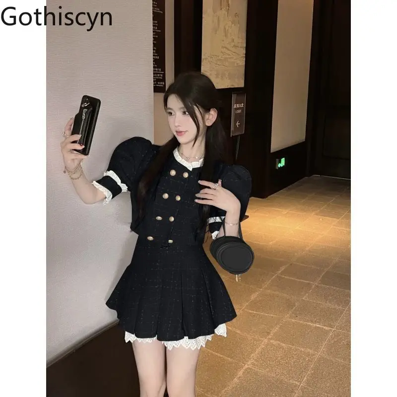 

Gothiscyn Socialite High end Black Two Piece Set Women Outfits Summer Short Slim Lace Bubble Sleeve Top High Waist Pleated Skir