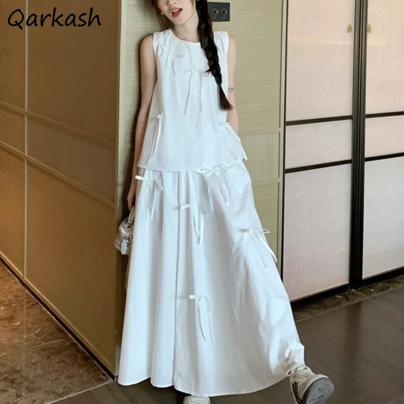 

White Dress Sets for Women Bow Sweet Girls Summer Clothing Korean Style Sleeveless Tops Thin Loose Students Chic Ins High Waist