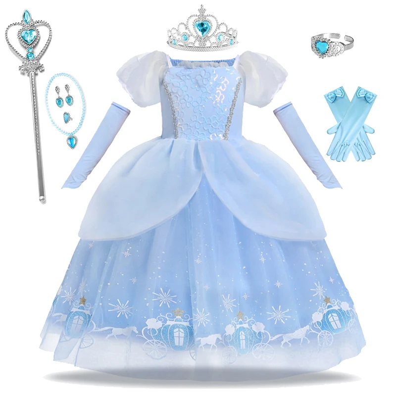 Cinderella Princess Cosplay Dress for Girl Kids Ball Gown Sequin Carnival Tulle Puffy Skirt Summer Clothes Girl's Birthday Dress