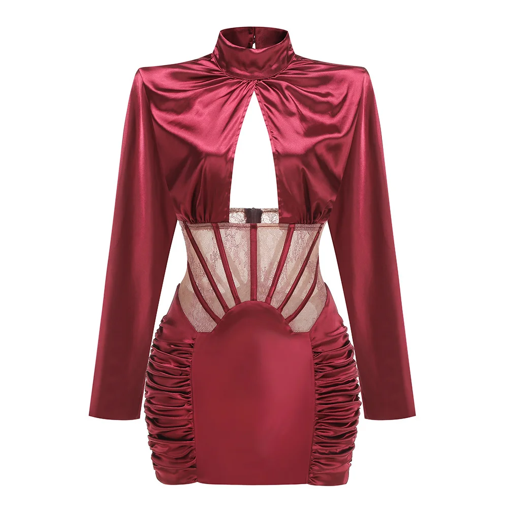 Vestido de satén burdeos para mujer, elegante vestido ceñido de manga larga recortado, Mini vestidos de noche de calle para fiesta y celebridades, cumpleaños