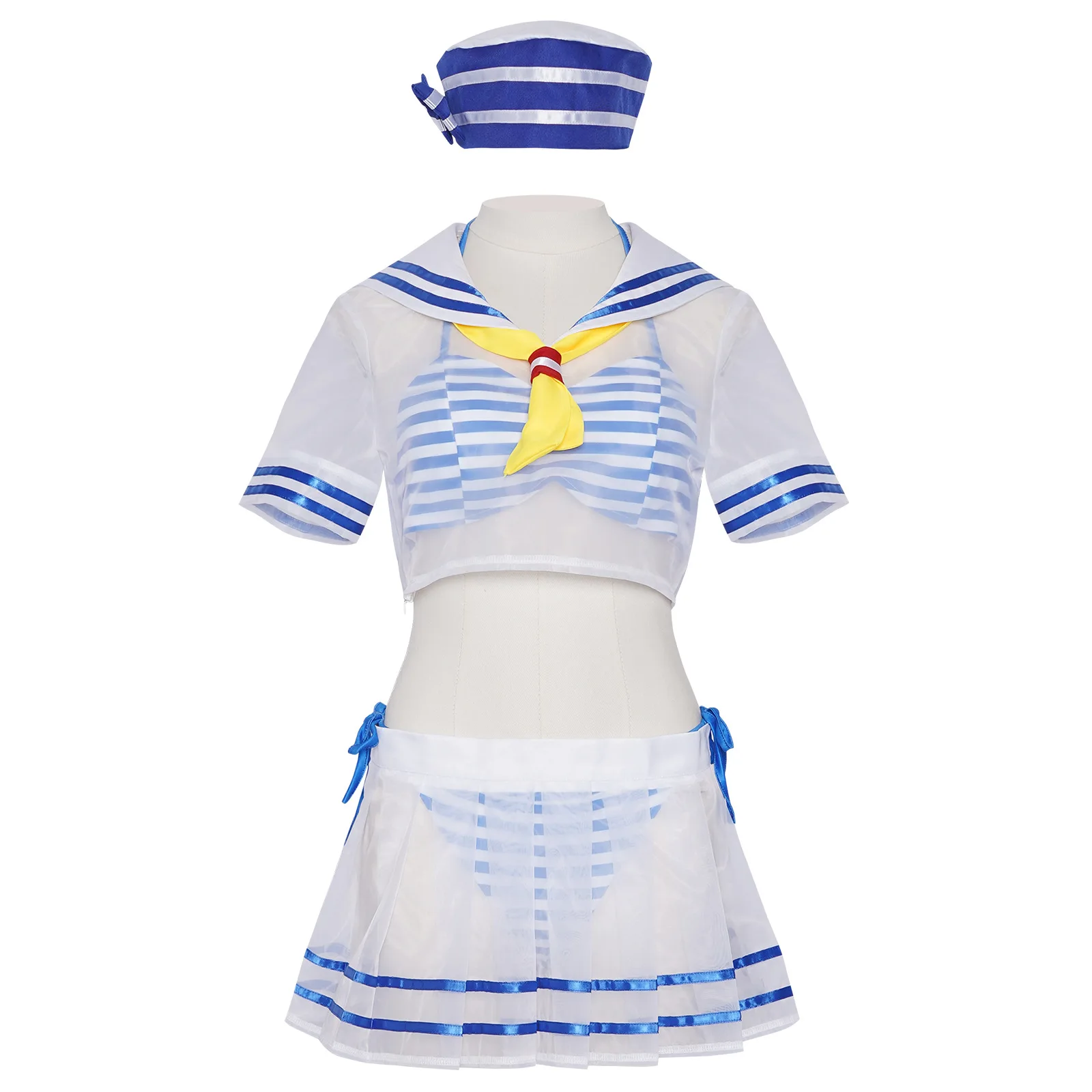 Sailor Lingerie Cosplay Outfit, Sheer Mesh Navy Sailor Costume, Women Anime Themed Fancy Dress for Halloween Party Photoshoot