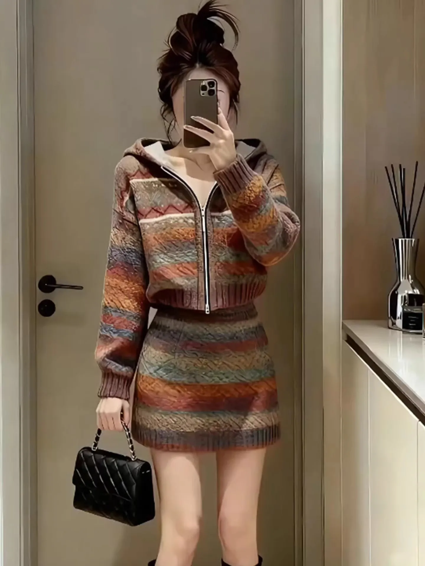 

Faionable Knitted Stripe Set Women's Slim Fit ort Sve Zipper High Waist Skirt And Cardigan Two Piece Ensemble Autumn W...