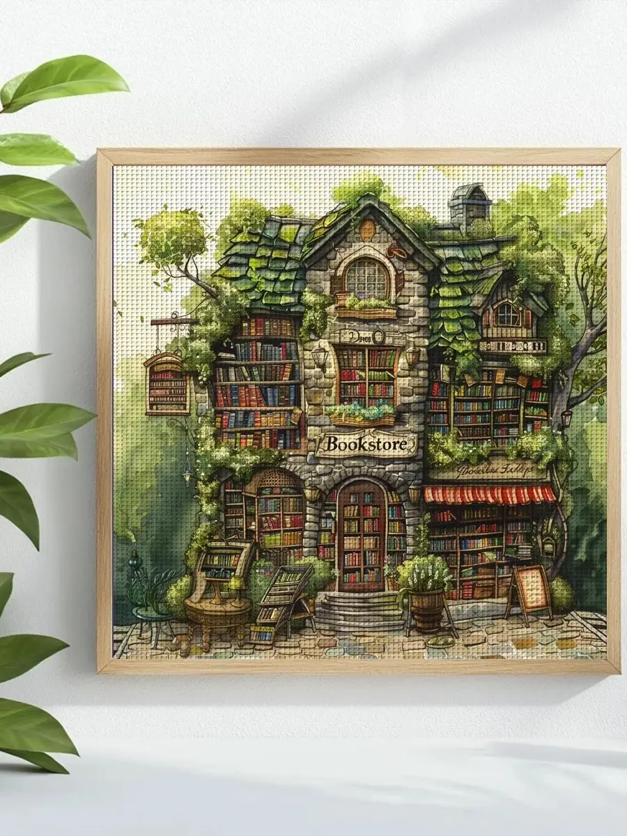1 Stück 40X40CM/15,74 Zoll Buchhandlung Gestempeltes Kreuzstich-Set DIY-Kit 11CT/14CT DIY-Stickset DIY-Kreuzstich-Set – Detail 1