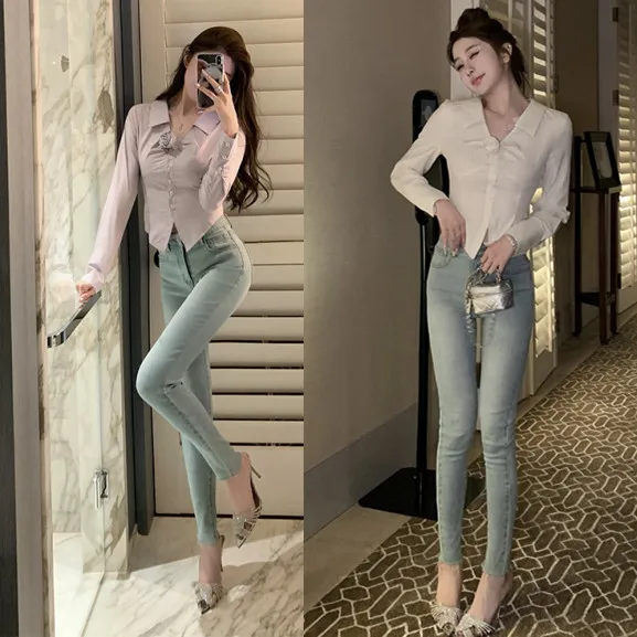 Faionable comfortabele lichtblauwe denim jeans dames lente zomer hoge taille slim fit enkellange strakke katoenen stretchjeans