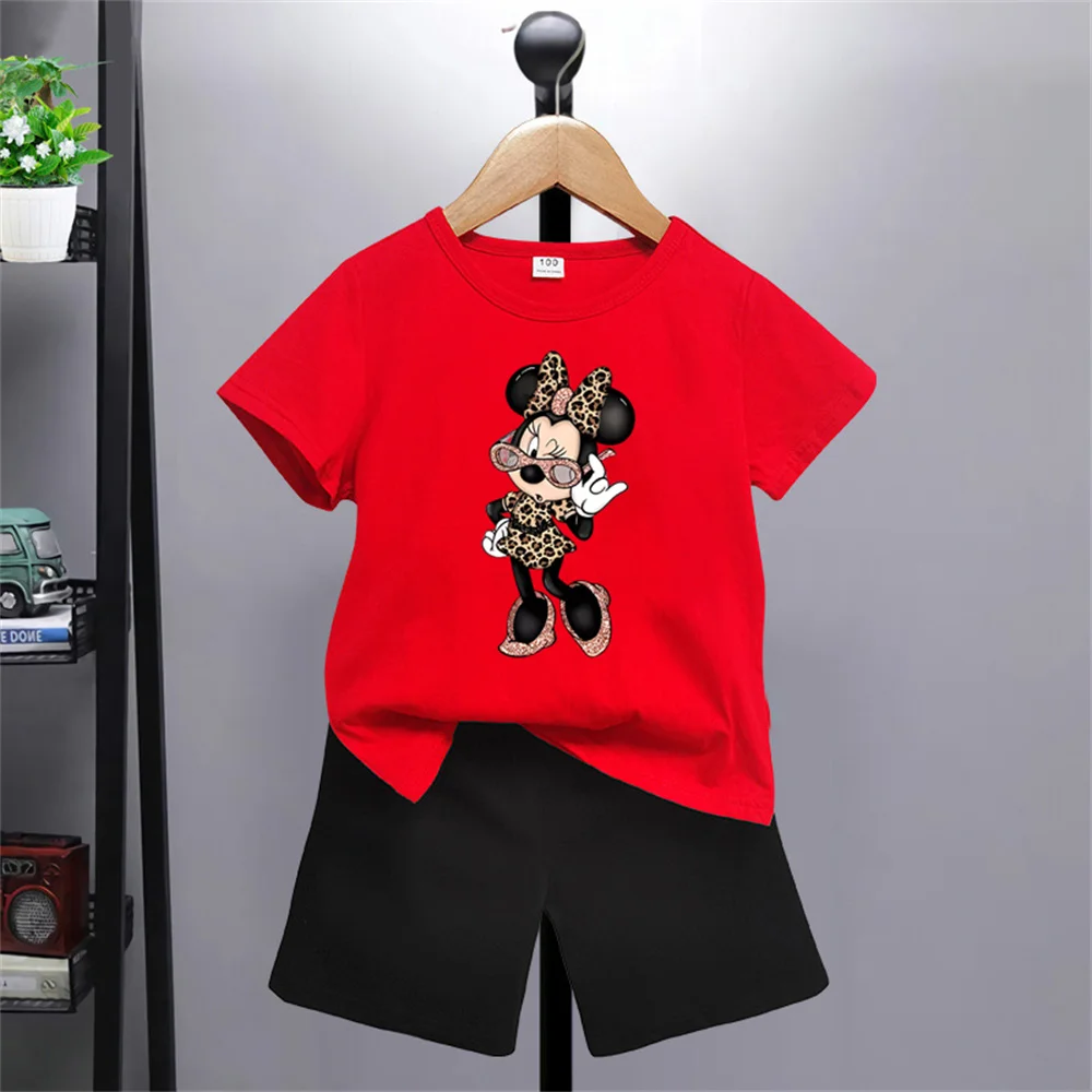 Summer 2024 Cute and Fun Disney Cartoon Boys Girls Printed T-shirt + Shorts Set Top Cotton Short Sleeve Shorts Gift