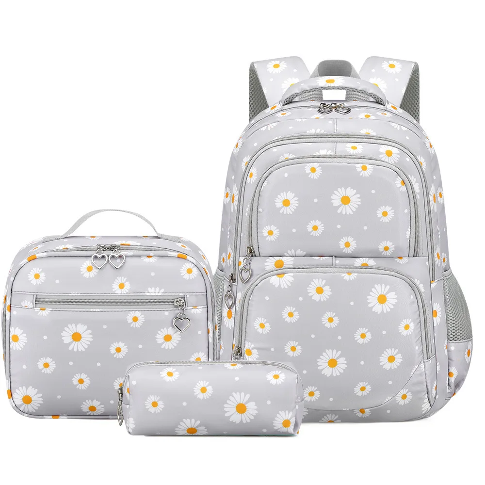 Tas Sekolah Kasual Baru untuk Anak Perempuan Kelas 4-6 Set 3pcs Kotak Makan Tempat Pensil Ransel Bahu Pelajar SMP Kapasitas Besar Mochilas