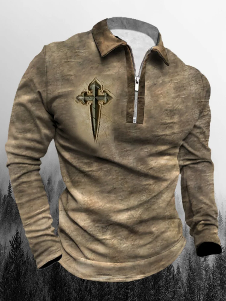 Mens Retro Brown Faded Long Sleeve Polo Shirts Quarter Zip Collar Medieval Cross Sword Graphic