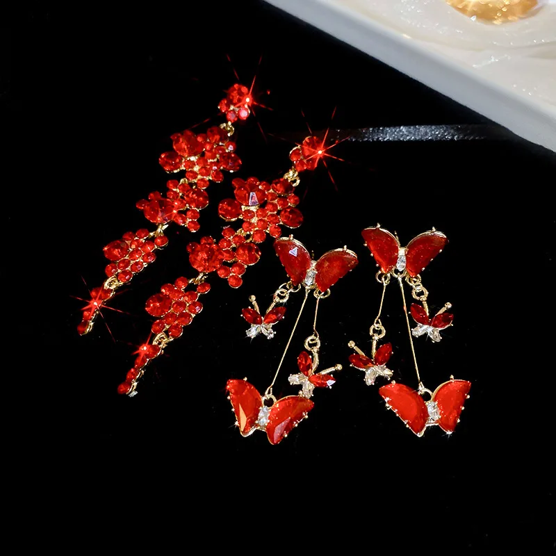 Red Butterfly Flower Rhinestones Long Tassel Dangle Earrings for Women Temperament Vintage Earring Fashion Jewelry Accessories